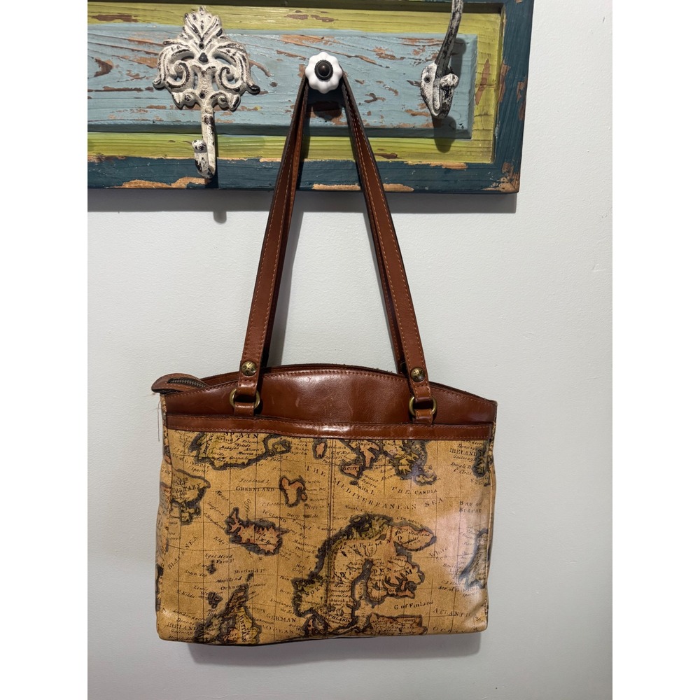 Patricia Nash Vintage‎ Map Print Leather Trim Shoulder Bag Brown Tote